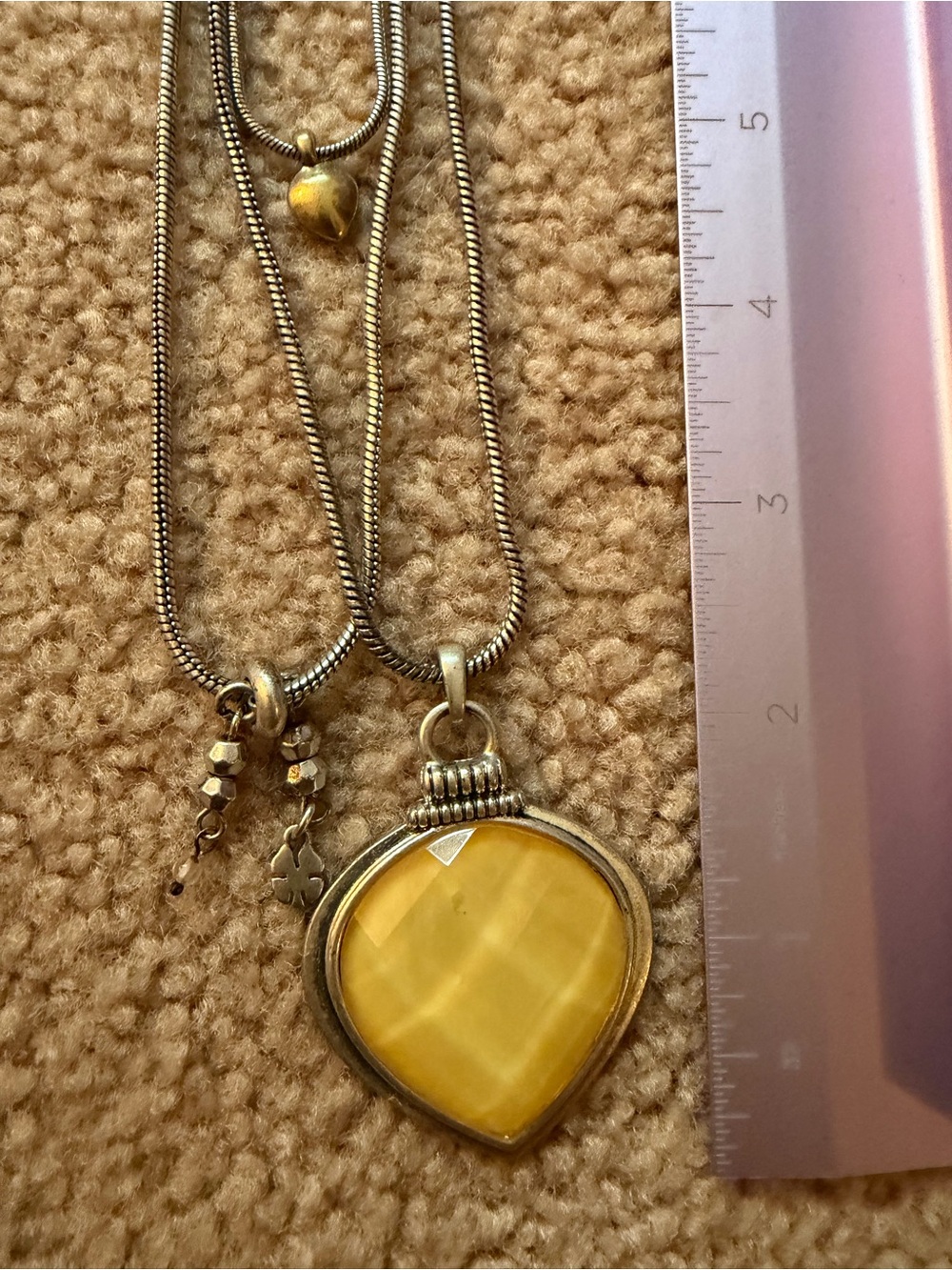Silver Tone Multi Strand Necklace Yellow Teardrop Pendant Gold Heart Charms